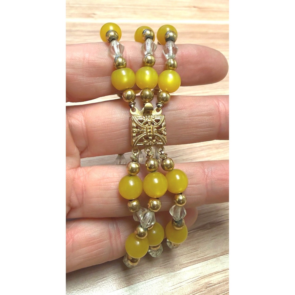 Vintage Mid Century Yellow Lucite Triple Strand Bead Bracelet Filigree Clasp